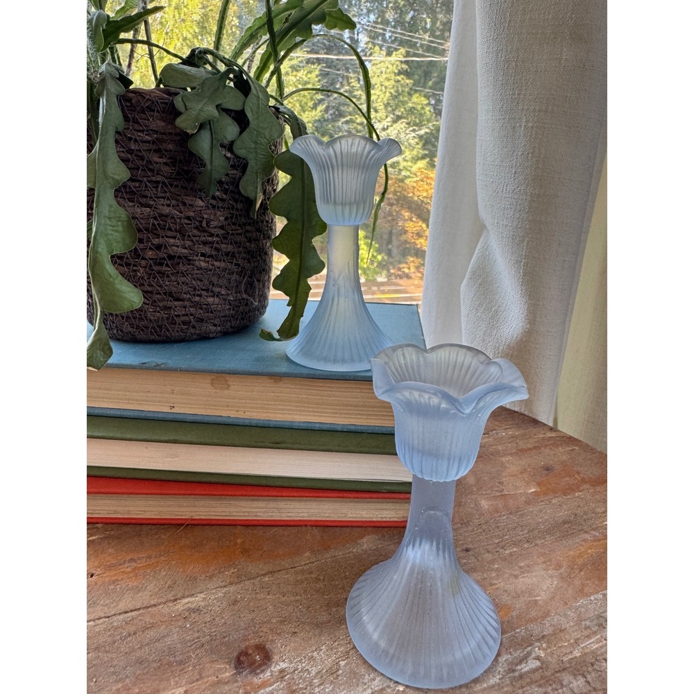 Vintage Frosted Blue Glass Tulip Candlestick Holders Ribbed Pair Set of 2 FLAW
